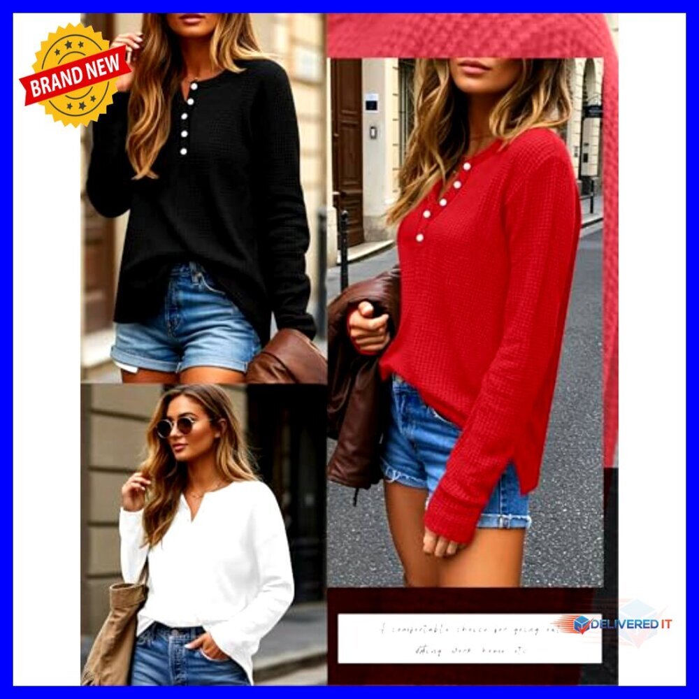 Oversized Waffle Knit Henley Top Long Sleeve V-Neck Button Up Sweater - Picture 4 of 6